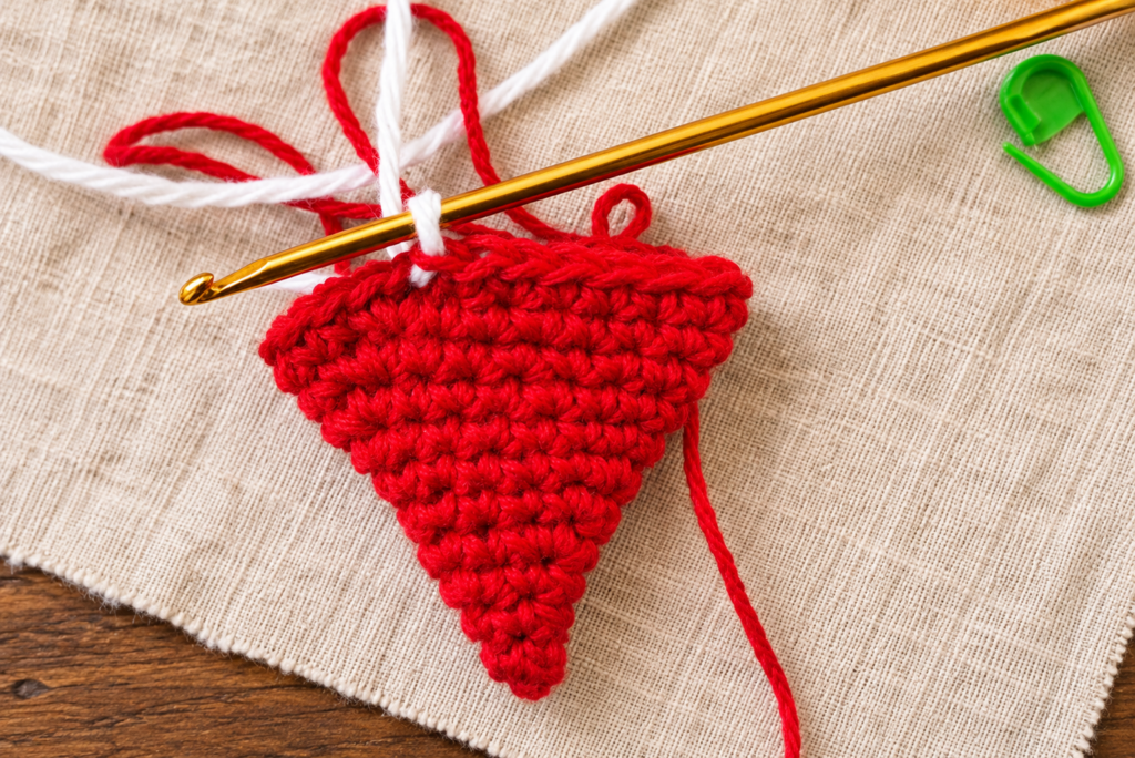White yarn pulled through the final red slip stitch to begin the crochet hat brim.