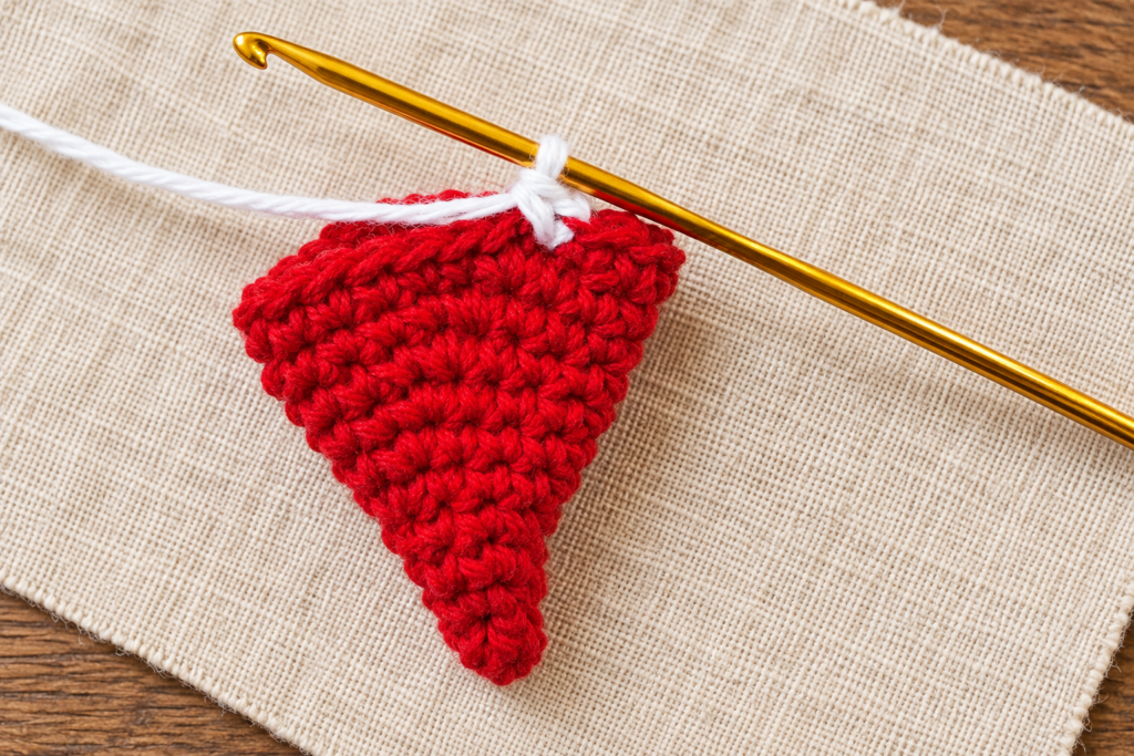 First white chain and single crochet being formed along the red mini Santa hat edge.