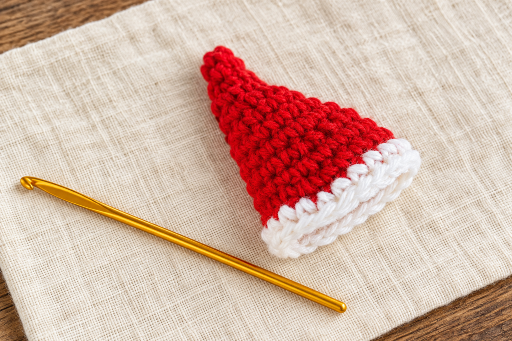 Angled view of the completed white crochet brim showing its neat thickness.