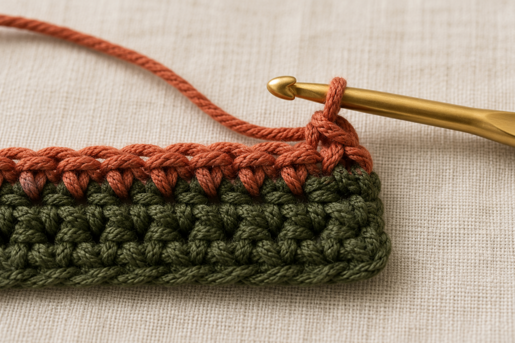 Terracotta cotton joined at the start of a striped crochet row.