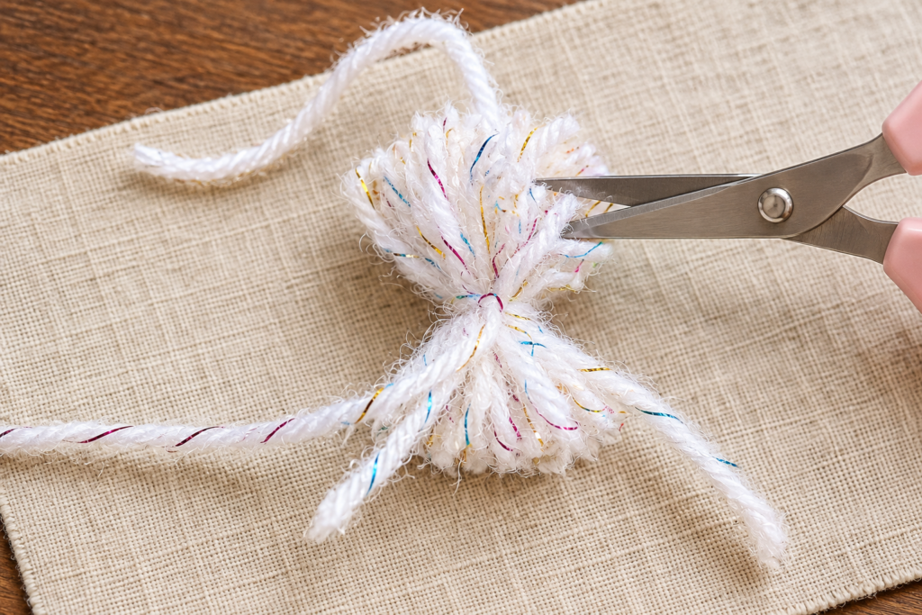 Small scissors cutting through the outside loops of the white pom-pom bundle.