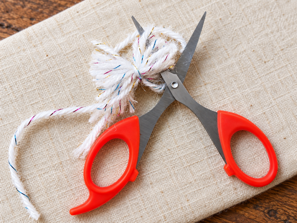 Small scissors trimming the white novelty yarn into a rounded pom-pom.