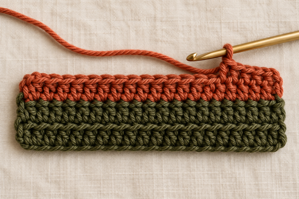 Terracotta stripe halfway across the crochet potholder.