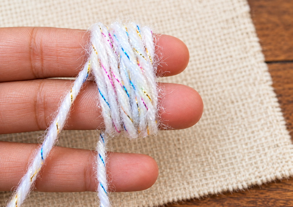 White novelty yarn wrapped around two fingers to make a small pom-pom.