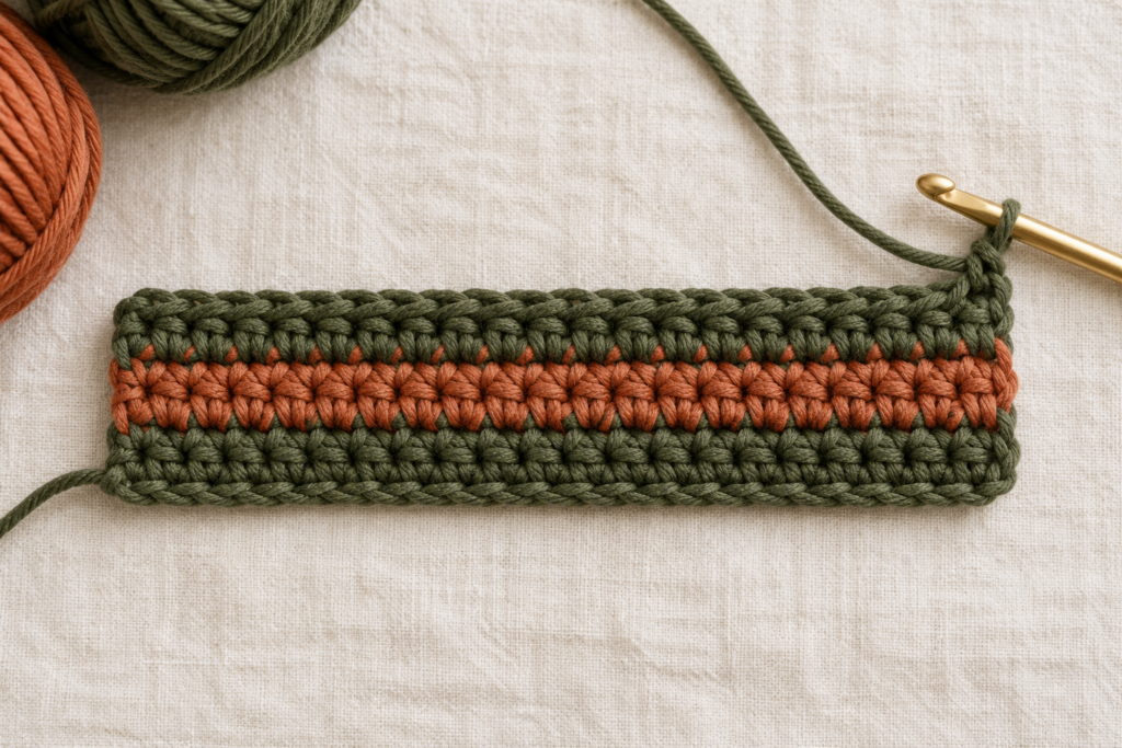 Completed terracotta row above the cream crochet base.