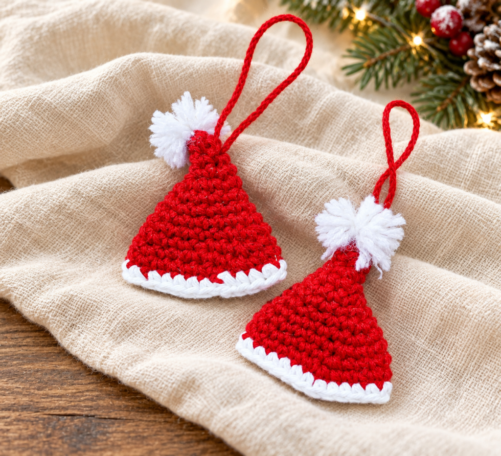Finished crochet mini Santa hat ornaments with red hanging loops attached at the top.