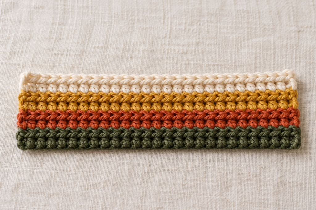 Completed mustard crochet stripe with an even raised ridge.