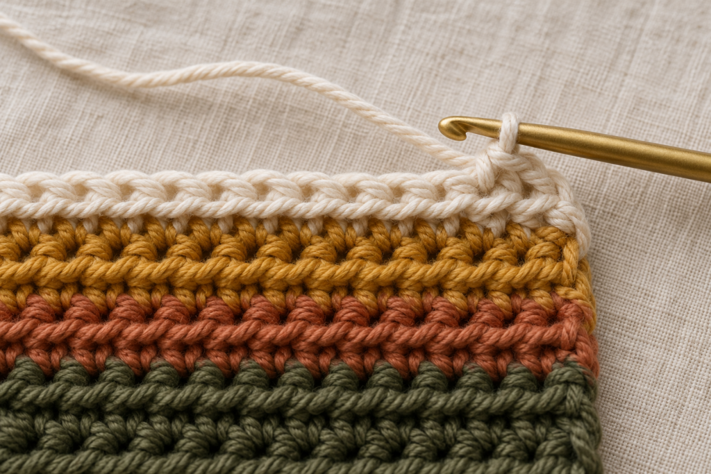 Cream stripe halfway across the textured crochet panel.