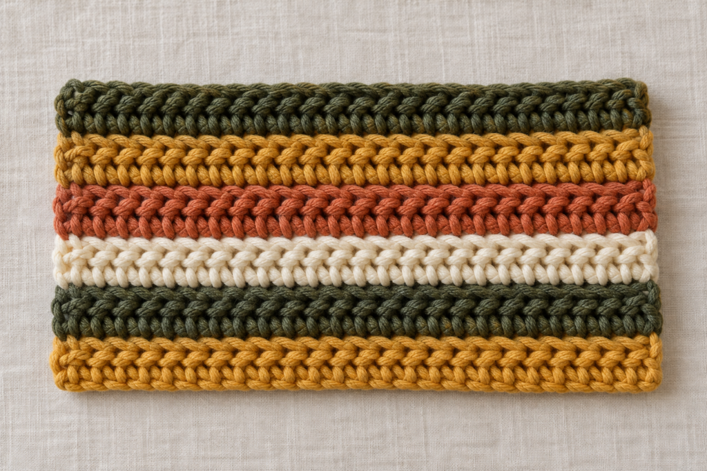 Six rows of cream, terracotta, mustard, and olive crochet stripes.