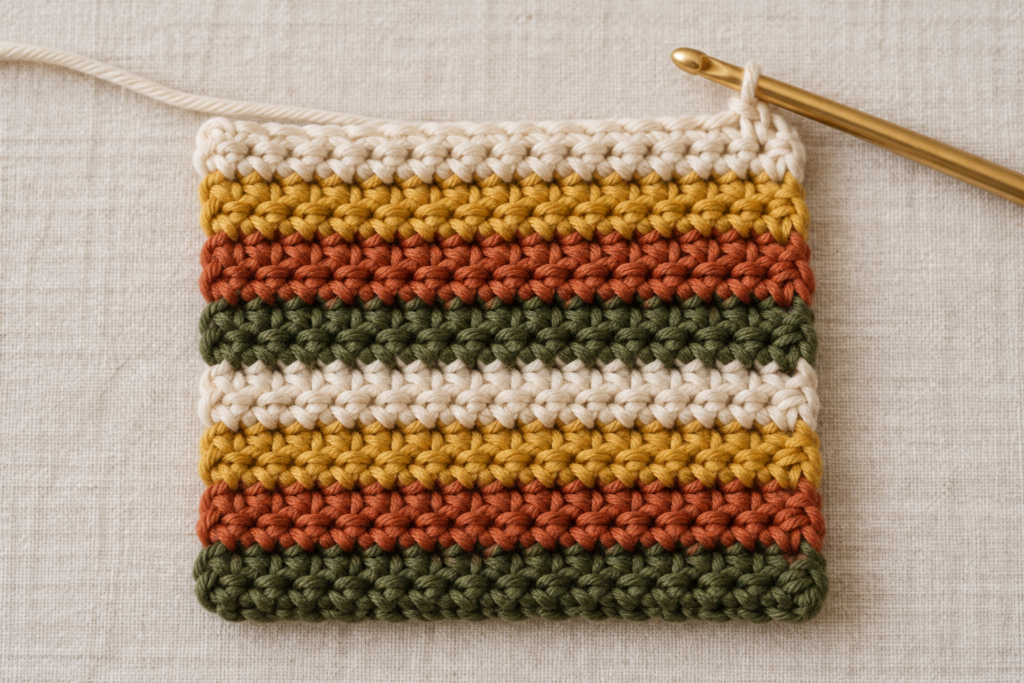 Eight textured rows in the harvest stripe potholder panel.