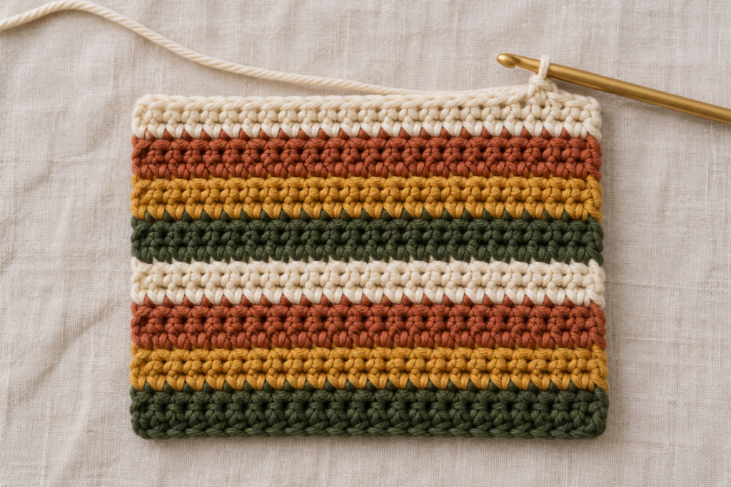 Ten straight back-loop crochet rows in warm autumn colors.