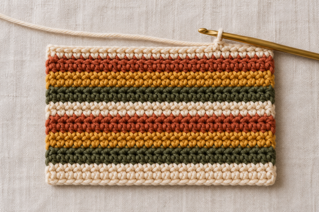Half-height crochet potholder panel with repeating color bands.