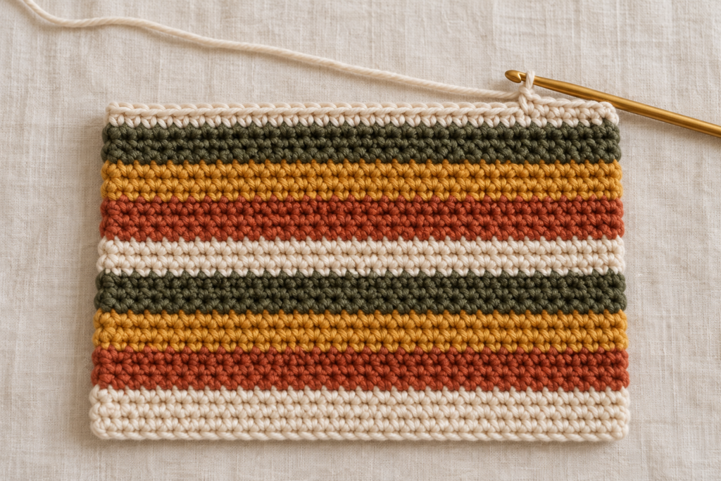 Two-thirds completed striped crochet potholder panel.