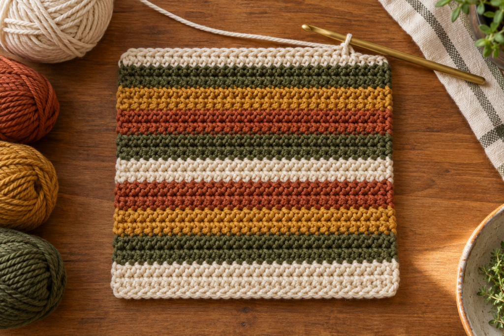 Nearly square harvest stripe crochet potholder panel.