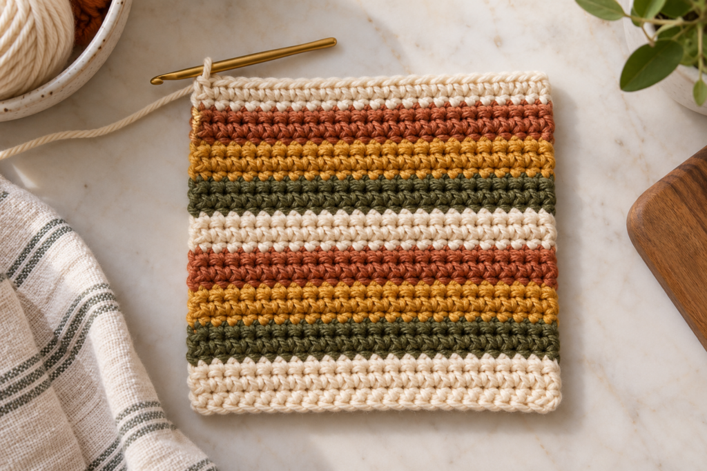 Completed square crochet panel before adding the hanging loop.