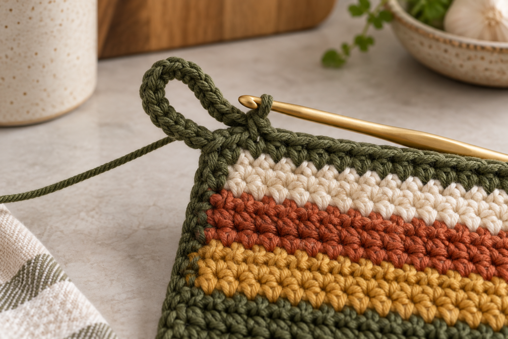 Twelve-chain hanging loop curved back toward the potholder corner.