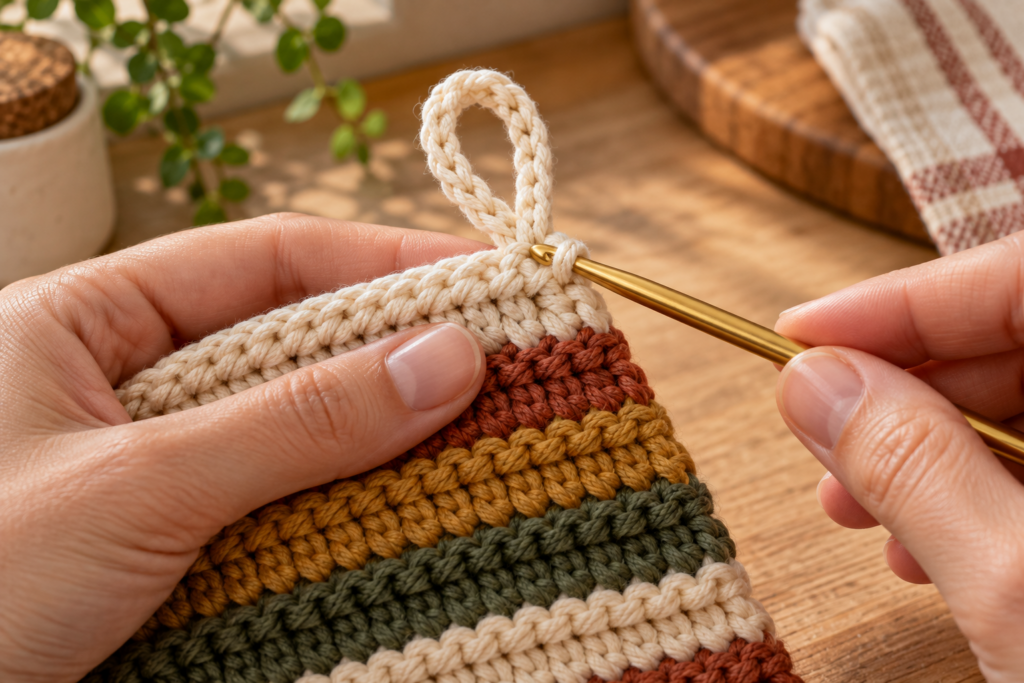 Slip stitch securing the hanging loop to the corner.