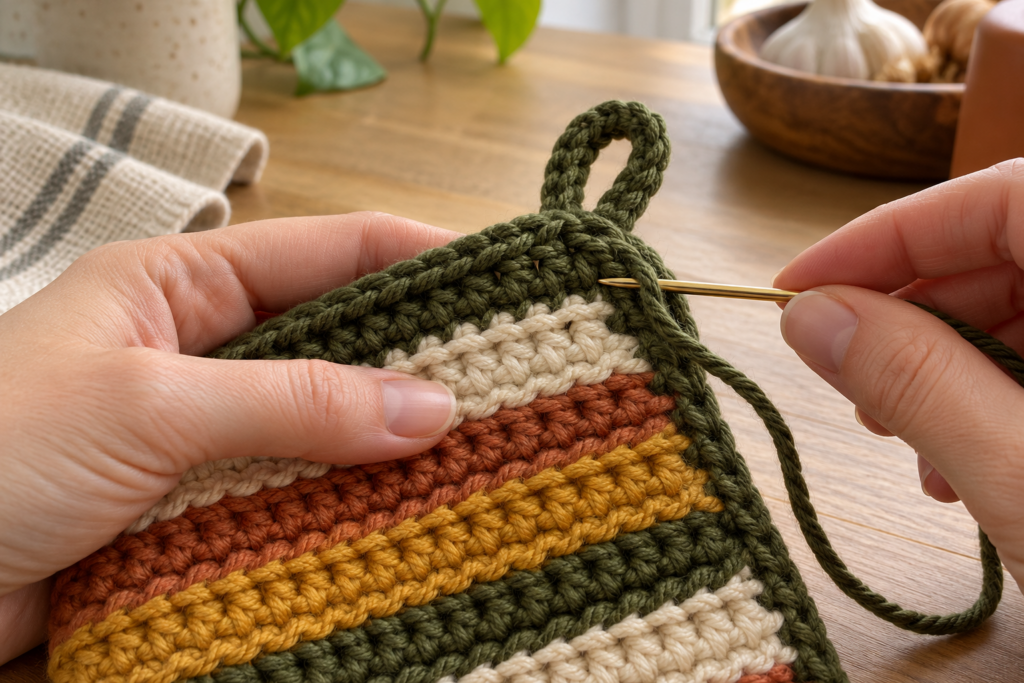 Yarn needle weaving the final tail through dense cotton stitches.