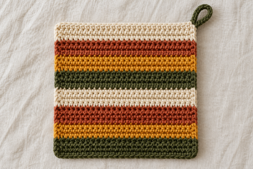 Finished harvest stripe crochet potholder laid flat for a shape check.