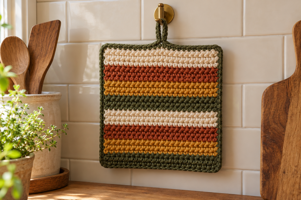 Finished striped crochet potholder hanging from a brass kitchen hook.